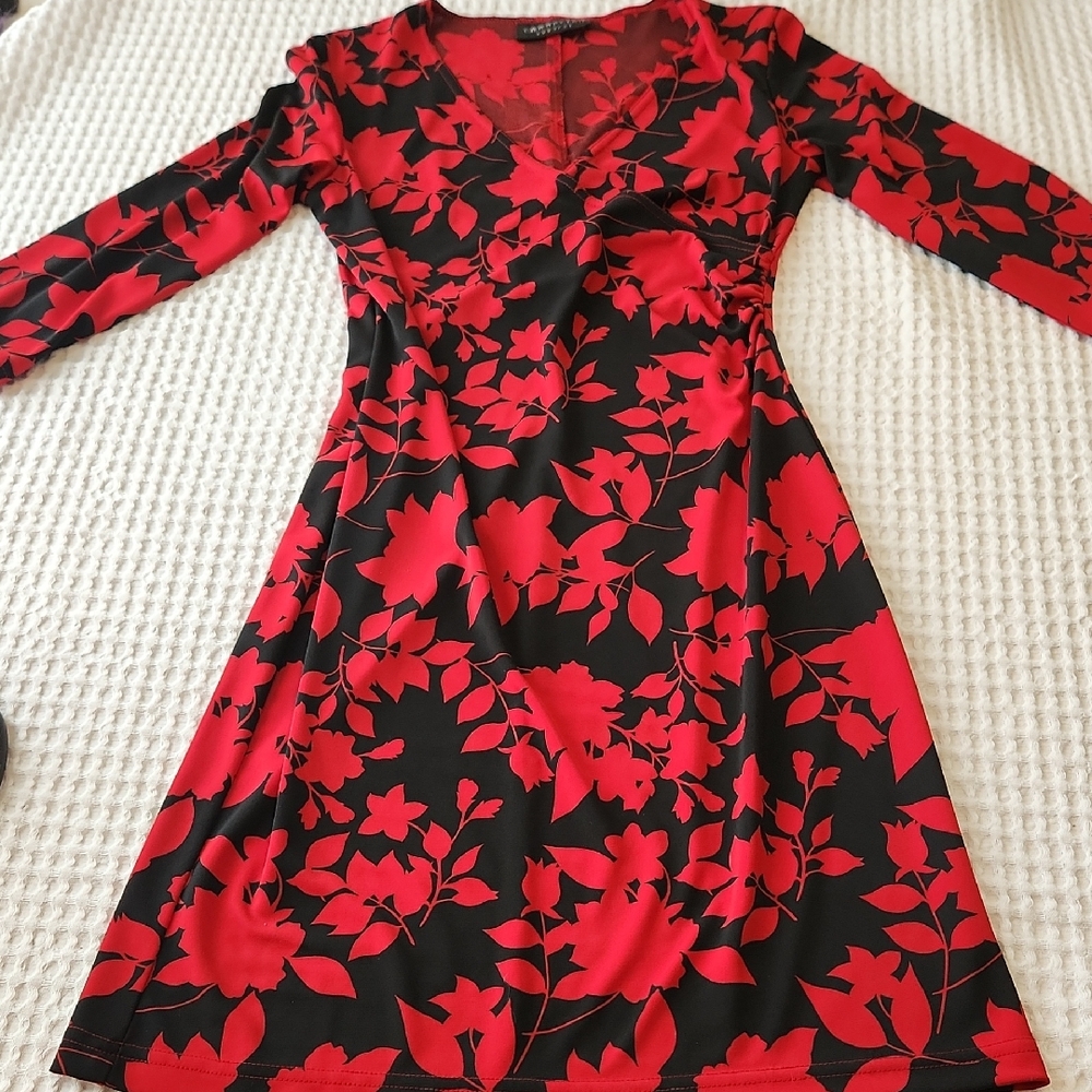 Connected Black & Red Floral V-Neck Long Sleeve Dress Sz 6